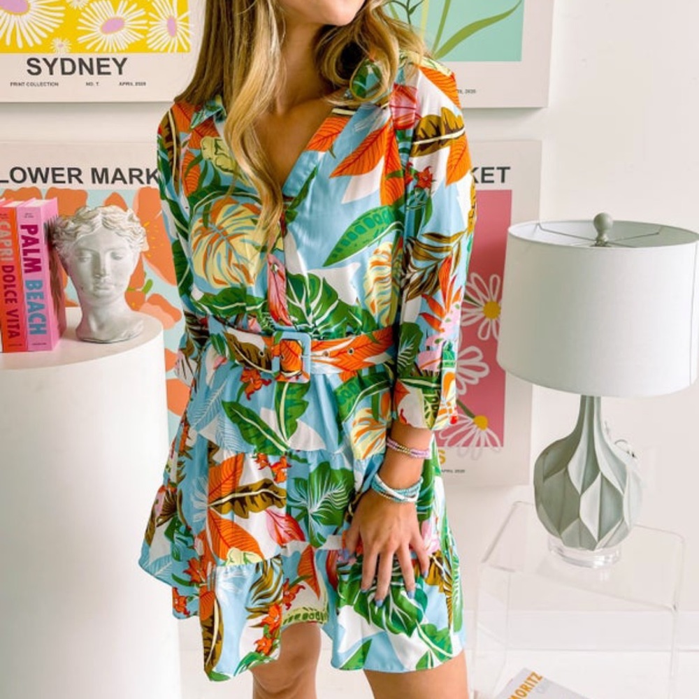 Super cute tropical dress with tie back and belt